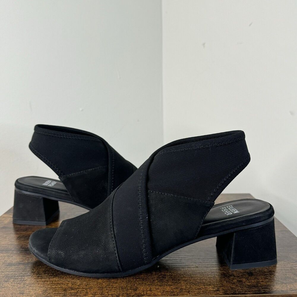 Eileen Fisher Luca Tumbled Nubuck Sandal Size 8.5 Black Slingback